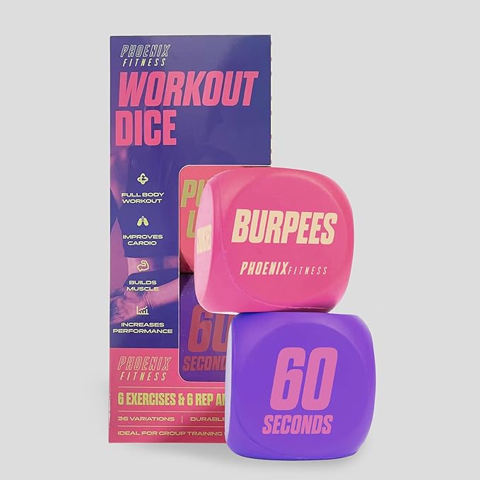 Phoenix Fitness Exercise Dice - Workout Dice Game for Cardio, HIIT Training and Exercise Classes - Training Includes Push Ups, Squats, Jumping Jacks, Crunches & Wildcard - Home and Gym
