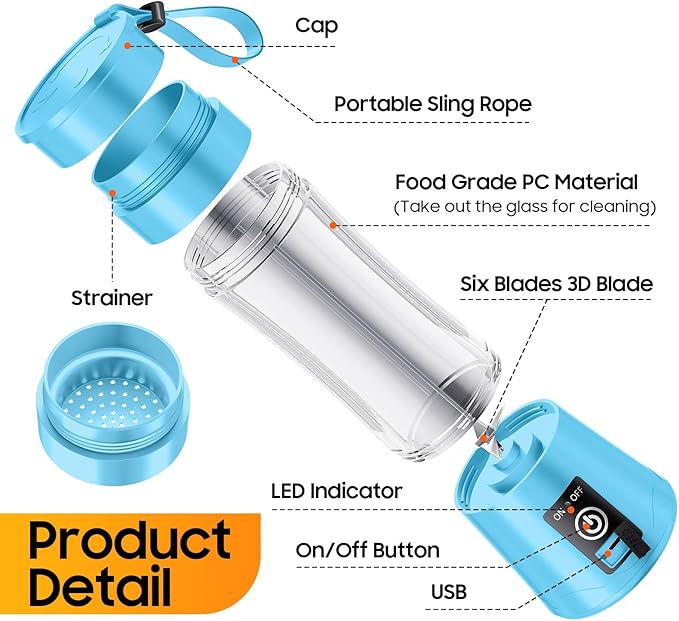 Portable Blender for Smoothies & Shakes - Cordless Personal Size Blender with 6 Blades, 380Ml Juice Cup, Lightweight & Rechargeable, Freshly Squeezed for Picnic/Sprots/Office