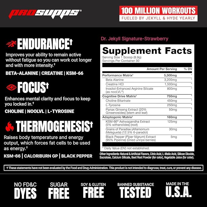PROSUPPS Dr. Jekyll Signature Pre Workout Powder with Creatine - Stim-Free Preworkout Supports Muscle Volume & Endurance - Caffeine-Free Gym & Fitness Supplements (Strawberry, 30 Servings)
