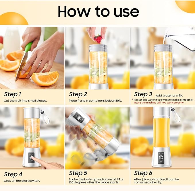 Portable Blender for Shakes and Smoothies - Newly Upgraded 14 Oz Mini Blender with 6 Blades, USB & Type-C Rechargeable, Suitable for Making Fresh Juice, Convenient for Travel and Sports