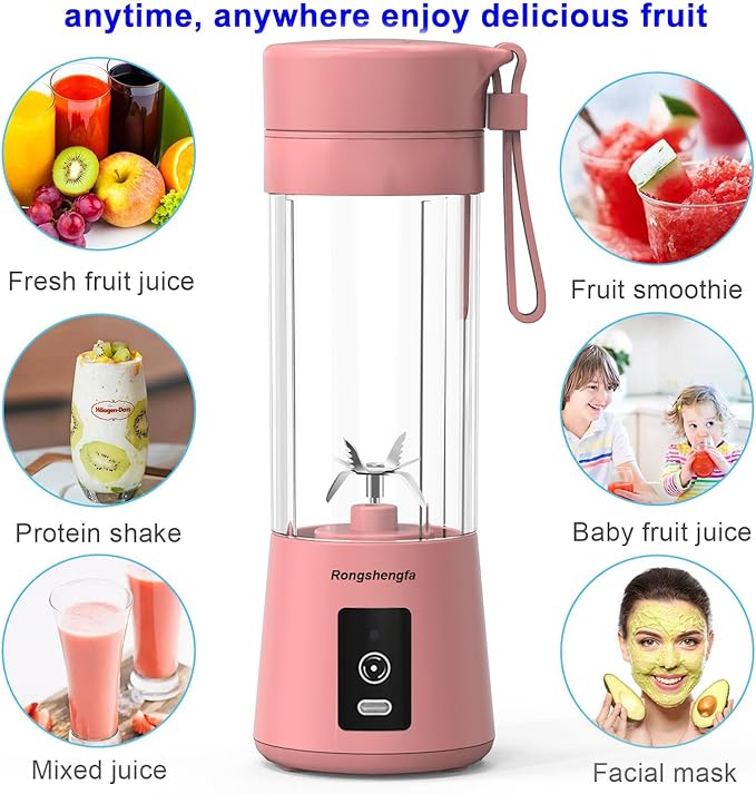 Portable Blender, Mini Personal Blender Bottles for shakes and smoothies,with USB Rechargeable Cordless On The Go Mixer Electric Blender Cup for Fruit Juice Protein mixes (Pink)