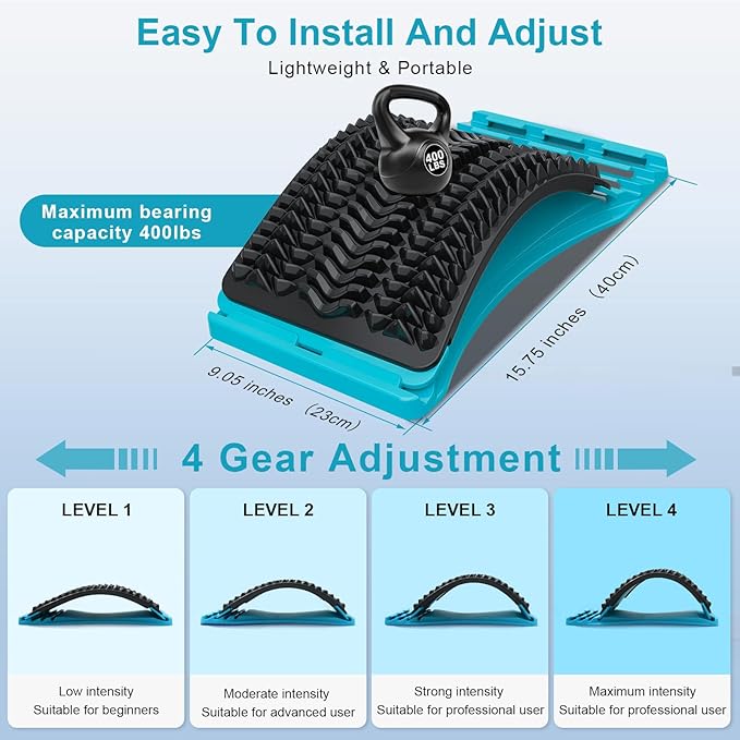 Back Stretcher for Lower Back Pain Relief, 4 Level Adjustable Arch Lumbar Back Cracker Board, Back Cracking Device, Back Massager for Scoliosis, Spine Decompression Support - Dark Blue