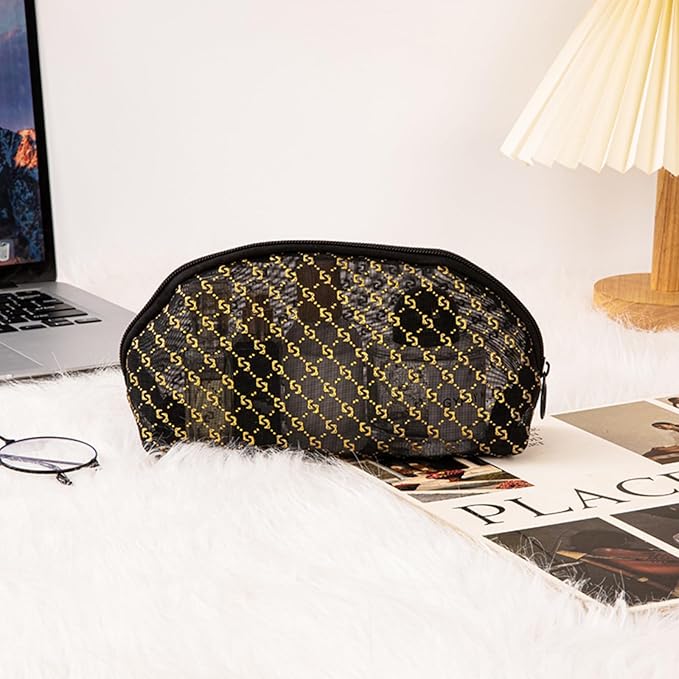 5 Pieces Zipper Mesh Makeup Bags Set, Portable Travel Mesh Cosmetic Bags Toiletry Bags Makeup Purse pouches, Zipper Storage Pouches for Home Offices Travel Accessories (Black Hot Stamping-5pcs)