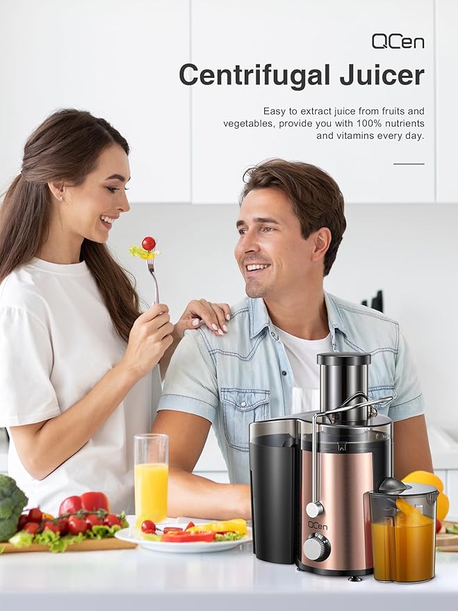QCen Juicer Machine, 800W Centrifugal Juicer Extractor with Wide Mouth 3” Feed Chute for Fruit Vegetable, Easy to Clean, Stainless Steel, BPA-free (Rose Gold)