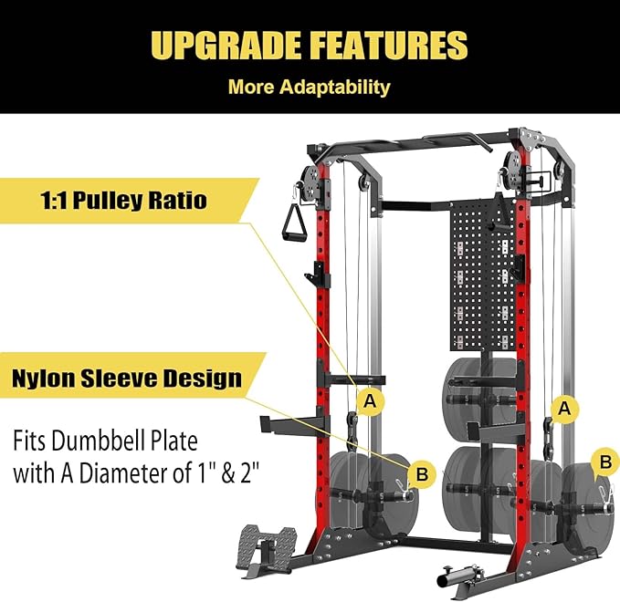Multi-Function Power Cage, Power Rack with Dual Independent Pulley System, 2000LB Capacity Workout Cage with Adjustable Cable Crossover System and Training Attachment, Squat Rack for Home Gym