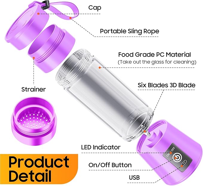 Personal Blender for Shakes and Smoothies - 2025 Upgraded 14 Oz Portable Blender with 6 Blades, Cordless & Type-C USB Rechargeable, BAP Free Juice Cup Freshly Squeezed for Picnic/Sprots