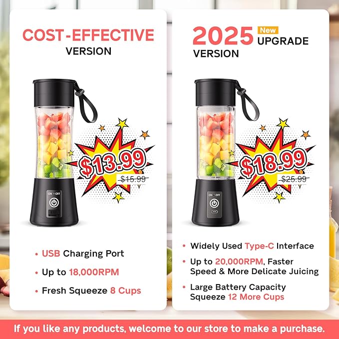 Portable Blender for Smoothies & Shakes - Cordless Personal Size Blender with 6 Blades, 380Ml Juice Cup, Lightweight & Rechargeable, Freshly Squeezed for Picnic/Sprots/Office