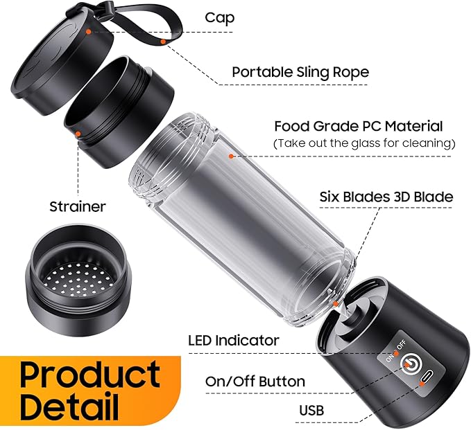 Portable Blender for Shakes and Smoothies - Newly Upgraded 14 Oz Mini Blender with 6 Blades, USB & Type-C Rechargeable, Suitable for Making Fresh Juice, Convenient for Travel and Sports