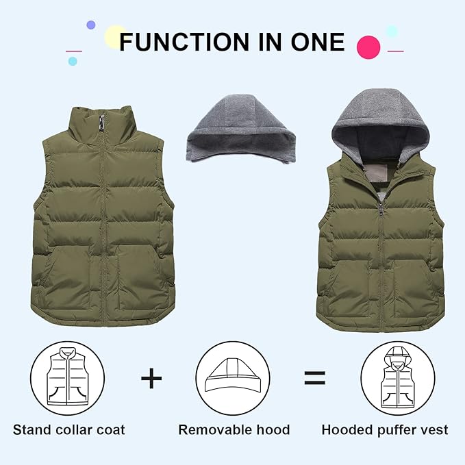 Pursky Girl's and Boy's Warm Puffer Vest Coat Water Resistant Sleeveless Jacket With Detachable Hood for 6-14Y