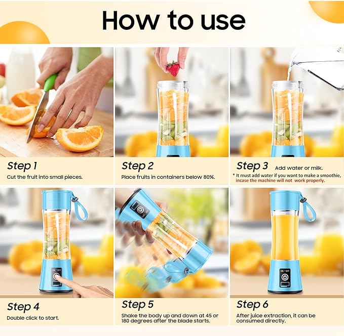 Portable Blender for Smoothies & Shakes - Cordless Personal Size Blender with 6 Blades, 380Ml Juice Cup, Lightweight & Rechargeable, Freshly Squeezed for Picnic/Sprots/Office