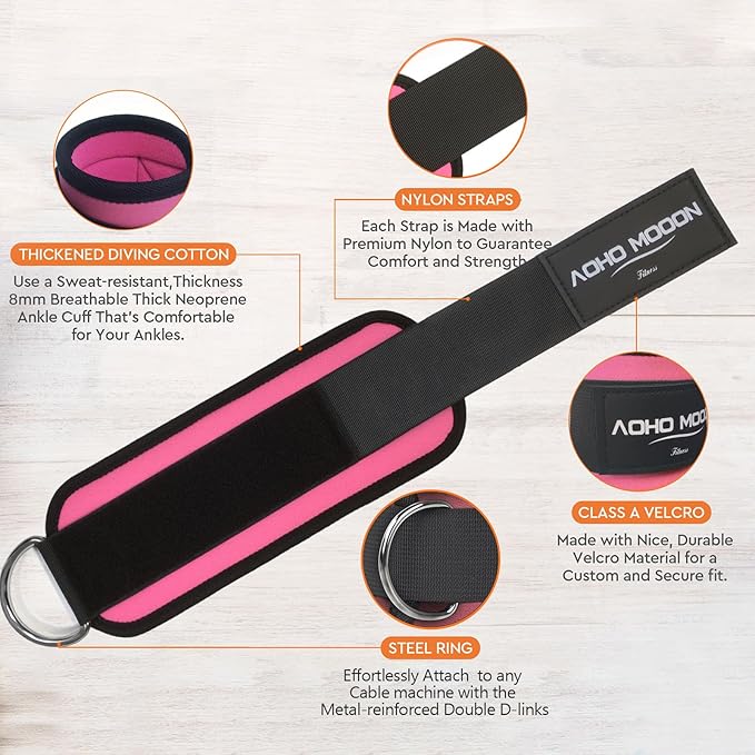 Comfortable Adjustable Padded Ankle Wrist Cuffs Neoprene Padded Straps D-Ring Glute Kickback for Cable Machine, Ideal for Glutes Exercises