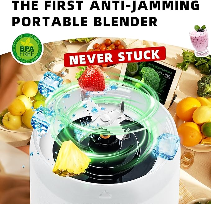 Portable Blender for Smoothies and Shakes, Anti-Jamming, 24oz USB-C Rechargeable, BPA-Free, Electric Protein Shaker Bottle with Travel Lid for Kitchen, Gym & Office. (White Base Yellow Lid)