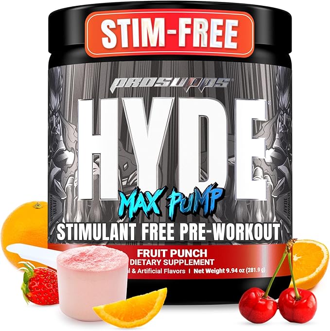 PROSUPPS Mr. Hyde Max Pump Pre Workout Powder - Stim-Free Preworkout Supports Blood Flow, Muscle Volume & Endurance - Caffeine-Free Nitric Oxide Gym & Fitness Supplements (Fruit Punch, 20 Servings)