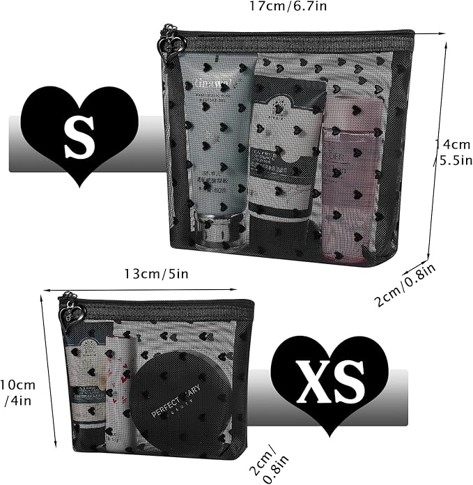 6 Pack Mini Zipper Mesh Makeup Bags, Heart Print Nylon Cosmetic Bags Toiletry Bags for Office Travel Organization (Widened-Black, S)