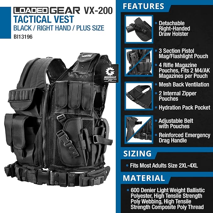 Barska Loaded Gear VX-200 Tactical Vest, Plus Size, Right-Handed, Black – Adjustable, Durable, and Multi-Pocket Design