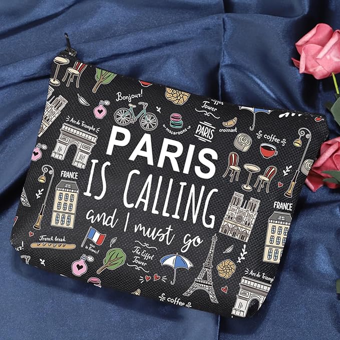 POFULL Paris Themed Gifts Paris Is Calling And I Must Go Cosmetic Bag Paris Lover Gift (Paris Is Calling black Bag)