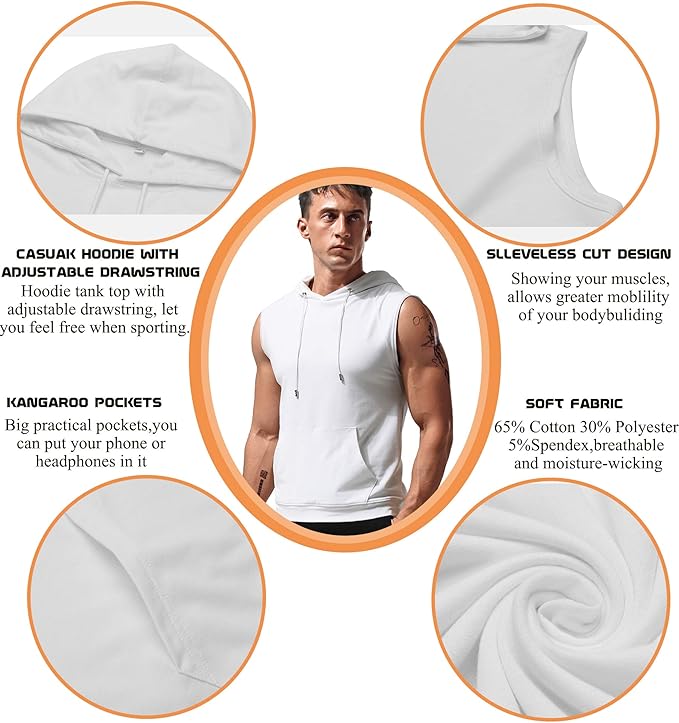 Babioboa Men's Workout Hooded Tank Tops Sleeveless Gym Hoodies Bodybuilding Muscle Cut Off T-Shirts