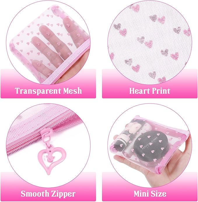 6 Pack Mini Zipper Mesh Makeup Bags, Heart Print Nylon Cosmetic Bags Toiletry Bags for Office Travel Organization (Widened-Pink, S)