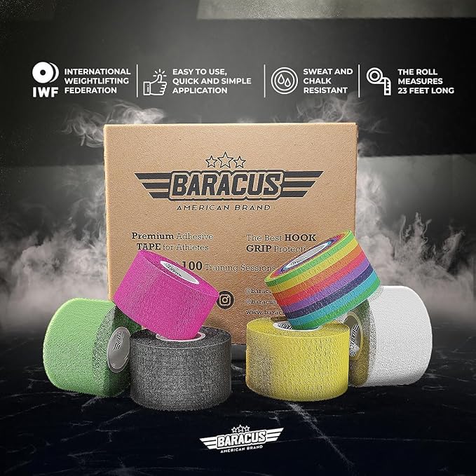BARACUS Premium Thumb Tape Cross Training and Weightlifting for The Best Hook Grip - 23 ft Long - WOD Tape Chalk and Sweat Proof - Hook Grip Lifting Athletic Thumb Tape (RxCollectionPack)