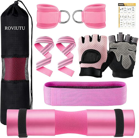 Barbell Pad Set,10 Pcs Barbell Pads for Hip Thrust Squat & Lunges Support,with 2 Workout Ankle Straps, 2 Gym Straps Weight Lifting, 2 Gym Gloves, Resistance Band, Olympic Bar Pad,Carry Bag