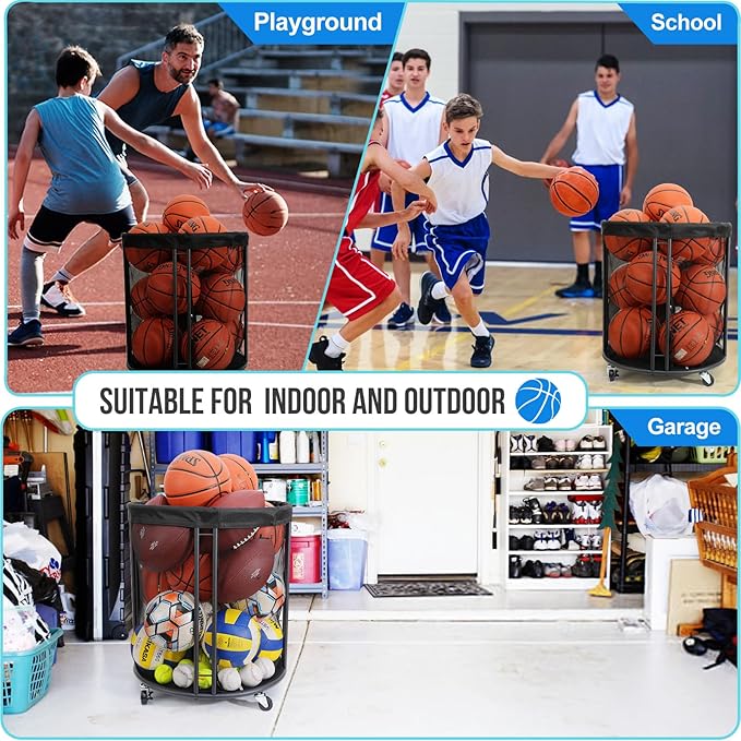 Ball Storage Bin for Garage, Balls Holder for Soccer, Basketball, Ball Cart, Rolling Basketball Rack for Outdoor, Indoor
