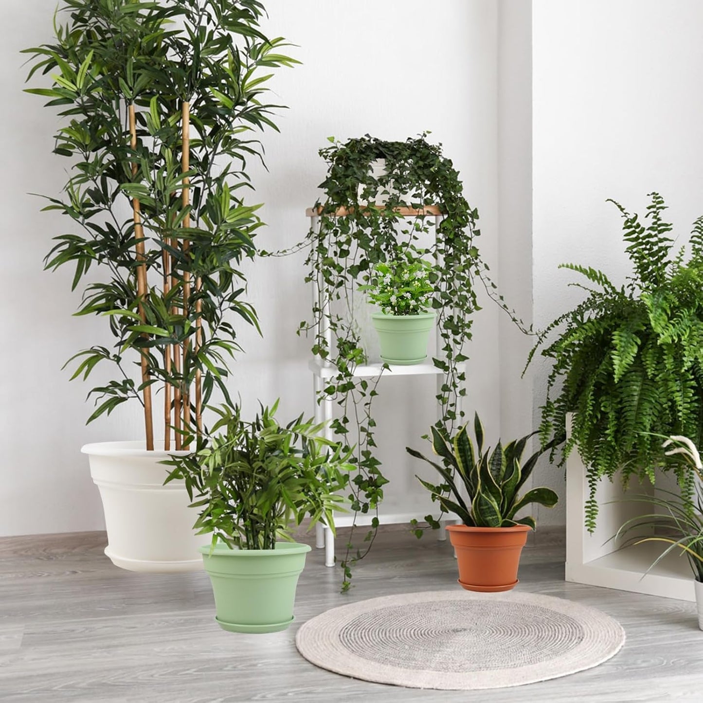 10 Inch Plastic-Flower-Pot-for-Indoor-Plants, 4 Pack Large Outdoor Planter Pot with Drainage Holes & Saucers, Resin Decorative Garden Pots Planters