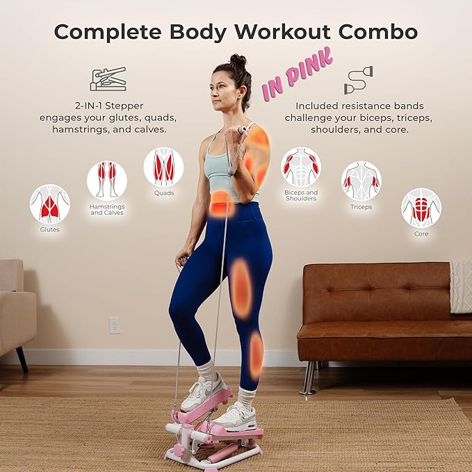 Sunny Health & Fitness Mini Stepper for Exercise at Home, Stair Step Workout Machine with Resistance Band, Fullbody Cardio, Upgraded Over 300lb Weight Capacity, Optional Free SunnyFit App Connection