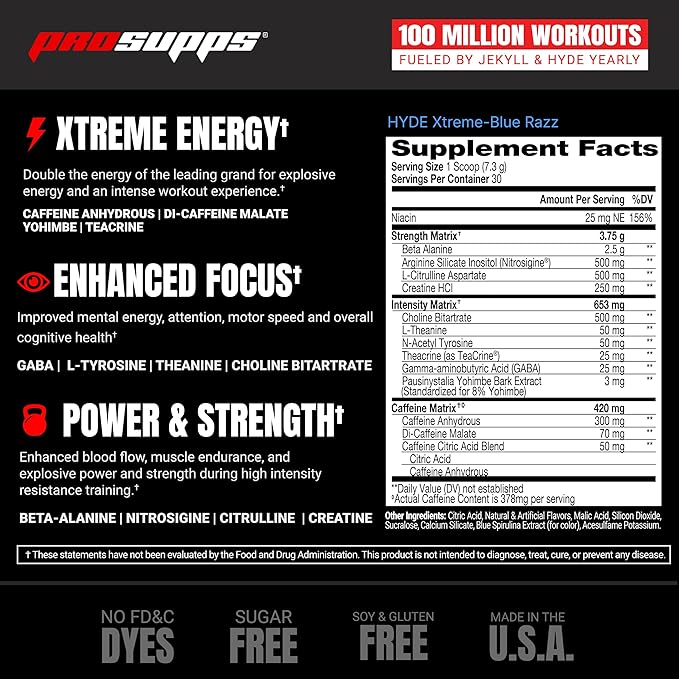PROSUPPS Mr. Hyde Xtreme Pre Workout Powder with Creatine, Beta Alanine & Caffeine – Extreme Energy, Pumps, Focus & Performance - Fitness & Gym Supplements for Men & Women (Blue Razz, 30 Servings)