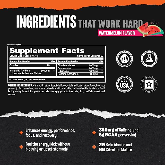 Animal Fury Pre Workout Powder Supplement – Energize Your Workout With More Focus, Energy, Endurance and Pumps, Watermelon, 20 Servings