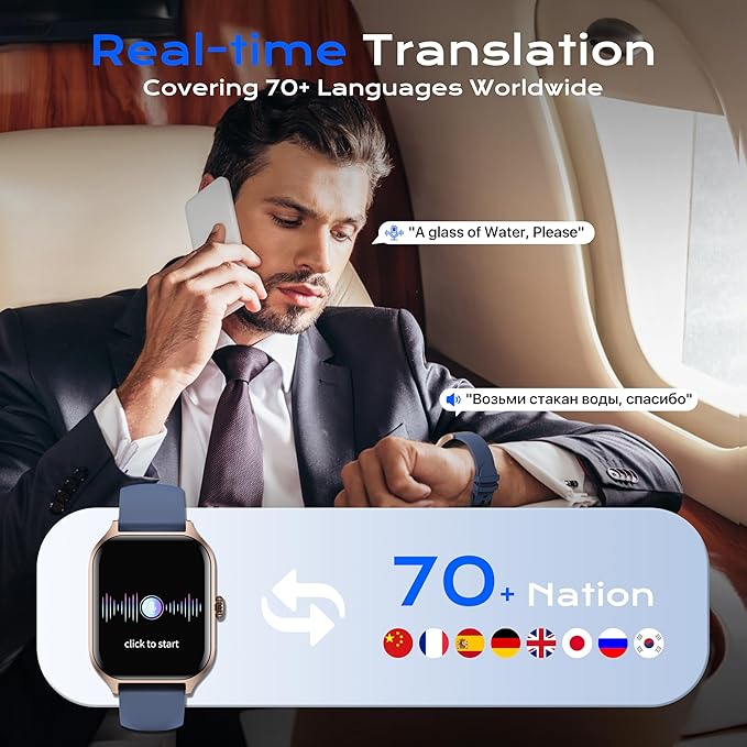 AI ChatGPT Translation Smart Watch, Titanium Alloy IP68 Waterproof,Heart Rate & Sleep Monitor, Fitness Tracker, OLED Display, Multi-Sport Modes, with 144 Real-Time Languages, Blue