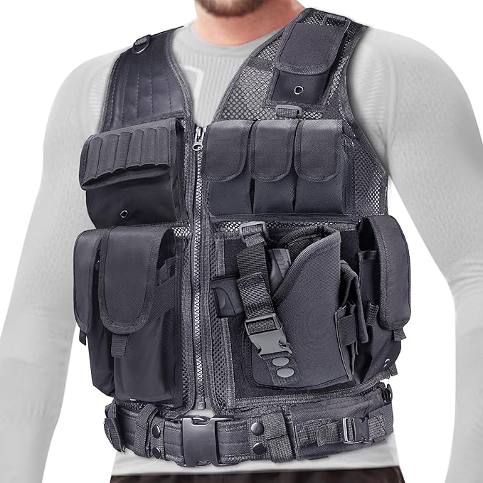 Airsoft Vest Adult Adjustable S-XXXXL, Tactical Vest for Men Lightweight Breathable 600D Nylon, Youth Combat vest for Paintball Training Black