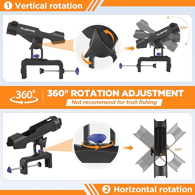 PLUSINNO Fishing Boat Rods Holder Large Clamp Opening 360 Degree Adjustable Fishing Rod Racks Folding Holder