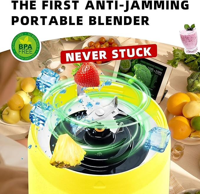 Portable Blender for Smoothies and Shakes, Anti-Jamming, 24oz USB-C Rechargeable, BPA-Free, Electric Protein Shaker Bottle with Travel Lid for Kitchen, Gym & Office. (Yellow Base Grey Lid)