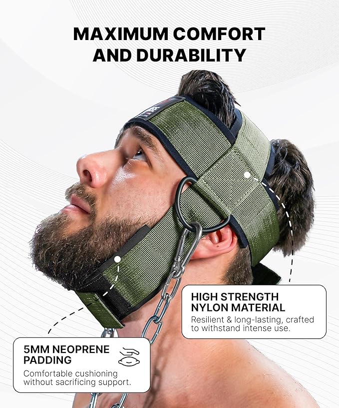 DMoose Neck Harness for Weight Lifting - 30" Heavy Duty Steel Chain - Neck Exerciser, Trainer & Strengthener for Injury Recovery Support & Workout- Adjustable Head & Chin Strap