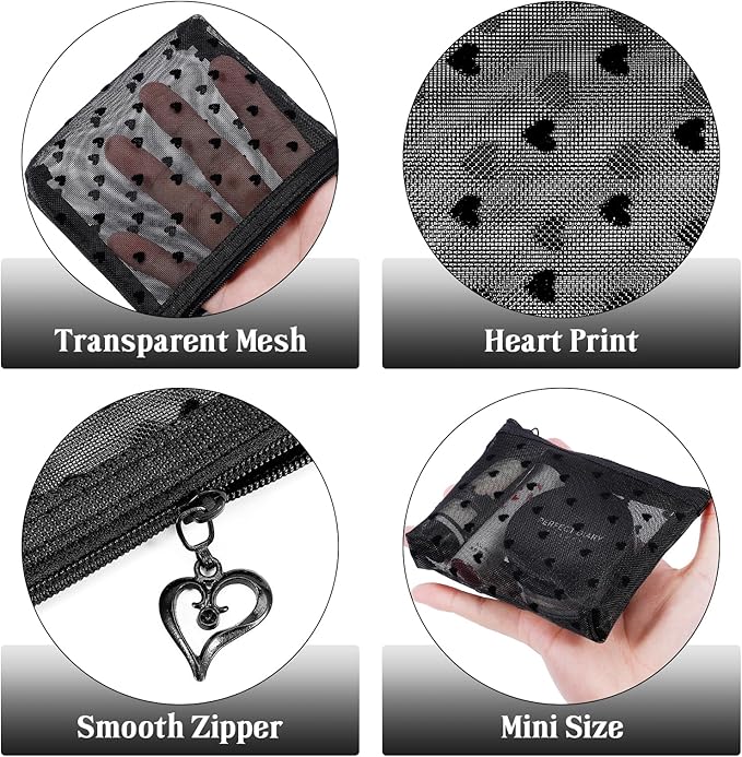 6 Pack Mini Zipper Mesh Makeup Bags, Heart Print Nylon Cosmetic Bags Toiletry Bags for Office Travel Organization (Widened-Black, S)