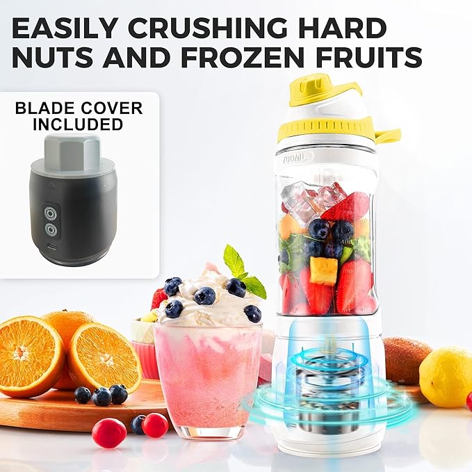 Portable Blender for Smoothies and Shakes, Anti-Jamming, 24oz USB-C Rechargeable, BPA-Free, Electric Protein Shaker Bottle with Travel Lid for Kitchen, Gym & Office. (Yellow Base Grey Lid)