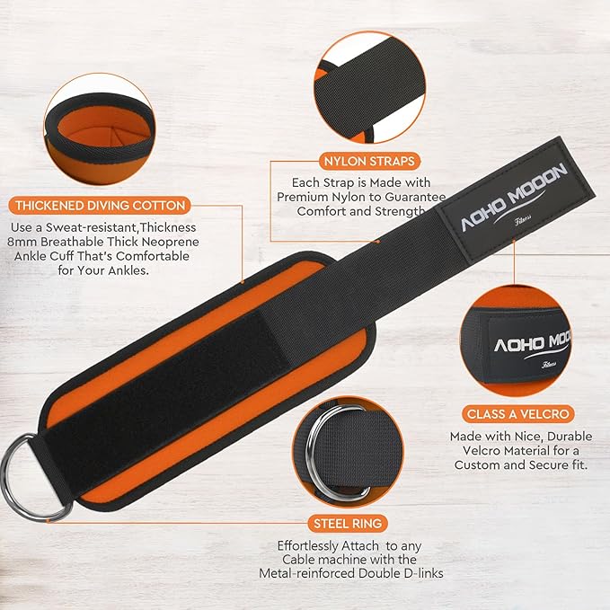 Comfortable Adjustable Padded Ankle Wrist Cuffs Neoprene Padded Straps D-Ring Glute Kickback for Cable Machine, Ideal for Glutes Exercises