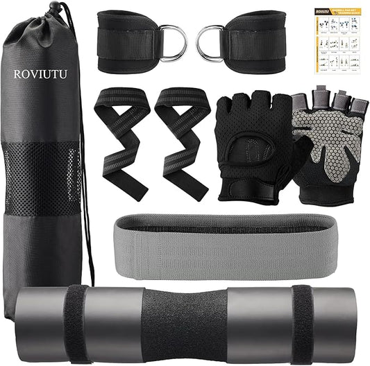 Barbell Pad Set,10 Pcs Barbell Pads for Hip Thrust Squat & Lunges Support,with 2 Workout Ankle Straps, 2 Gym Straps Weight Lifting, 2 Gym Gloves, Resistance Band, Olympic Bar Pad,Carry Bag