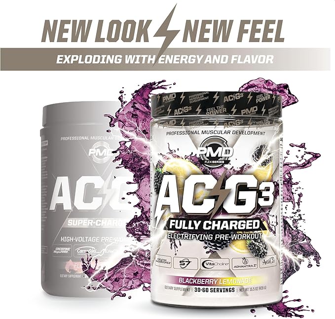 PMD Sports ACG3 Fully Charged - Electrifying Pre Workout Powder - High Energy & Pump Pre Workout for Men and Women to Maximize Focus, Endurance & Performance - BlackBerry Lemonade (30-60 Servings)
