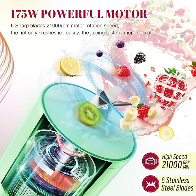 Portable 14OZ Juicer, High-Powered at 175W for Smoothies, Ice Blending, Juicing, and Food Processing , Compact, Convenient, and Versatile (Green)