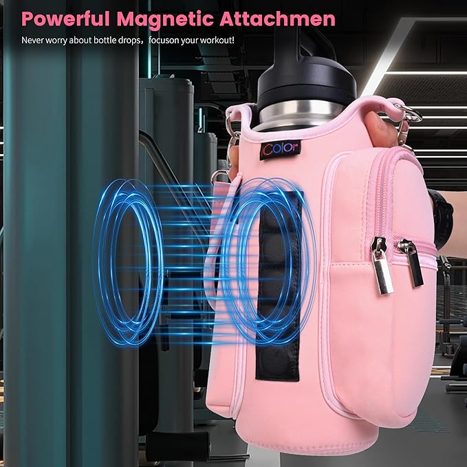 icolor Magnetic Gym Bag Water Bottle Carrier Holder with Phone Pockets & Shoulder Strap,5 Built-in Magnets Gym Bottle Pouch Sleeve,Magnetic Bag Gym Accessories Organizer for Men Women