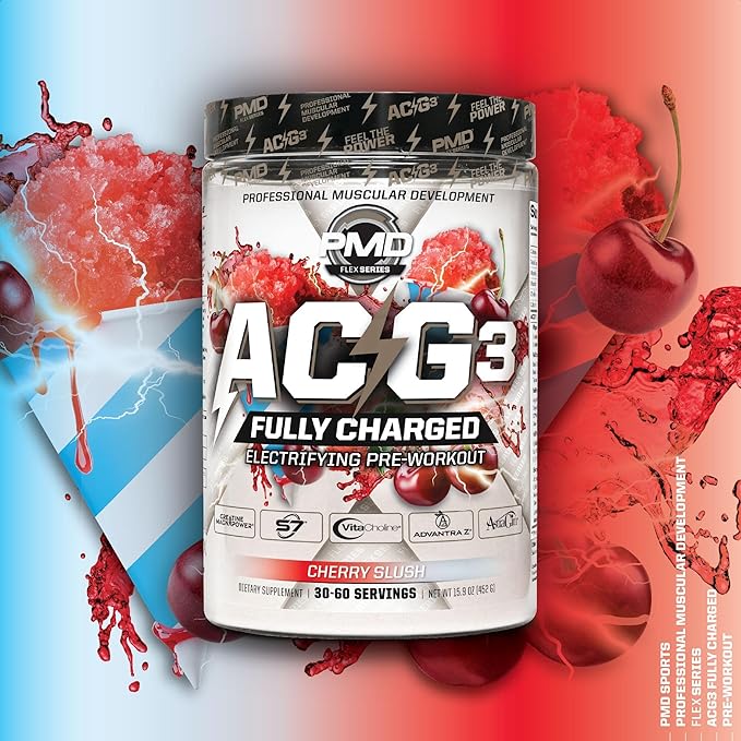 PMD Sports ACG3 Fully Charged - Electrifying Pre Workout Powder - High Energy & Pump Pre Workout for Men and Women to Maximize Focus, Endurance & Performance - Cherry Slush (30-60 Servings)