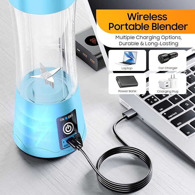 Portable Blender for Smoothies & Shakes - Cordless Personal Size Blender with 6 Blades, 380Ml Juice Cup, Lightweight & Rechargeable, Freshly Squeezed for Picnic/Sprots/Office