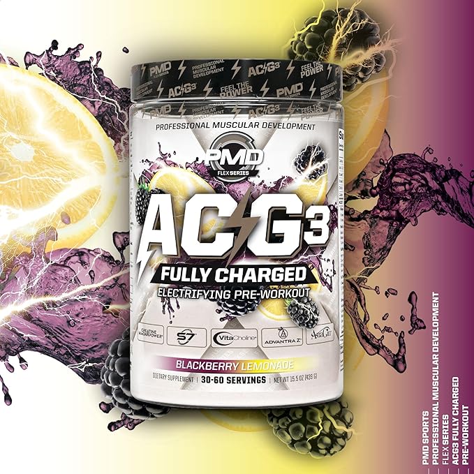 PMD Sports ACG3 Fully Charged - Electrifying Pre Workout Powder - High Energy & Pump Pre Workout for Men and Women to Maximize Focus, Endurance & Performance - BlackBerry Lemonade (30-60 Servings)