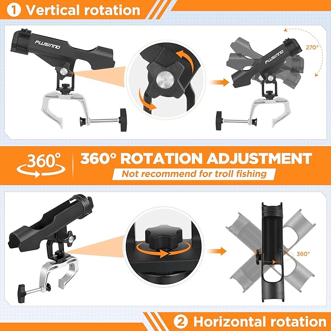 PLUSINNO Fishing Boat Rods Holder Large Clamp Opening 360 Degree Adjustable Fishing Rod Racks Folding Holder