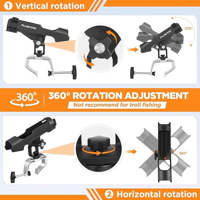 PLUSINNO Fishing Boat Rods Holder Large Clamp Opening 360 Degree Adjustable Fishing Rod Racks Folding Holder