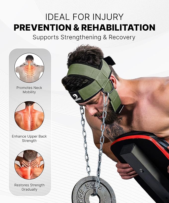 DMoose Neck Harness for Weight Lifting - 30" Heavy Duty Steel Chain - Neck Exerciser, Trainer & Strengthener for Injury Recovery Support & Workout- Adjustable Head & Chin Strap