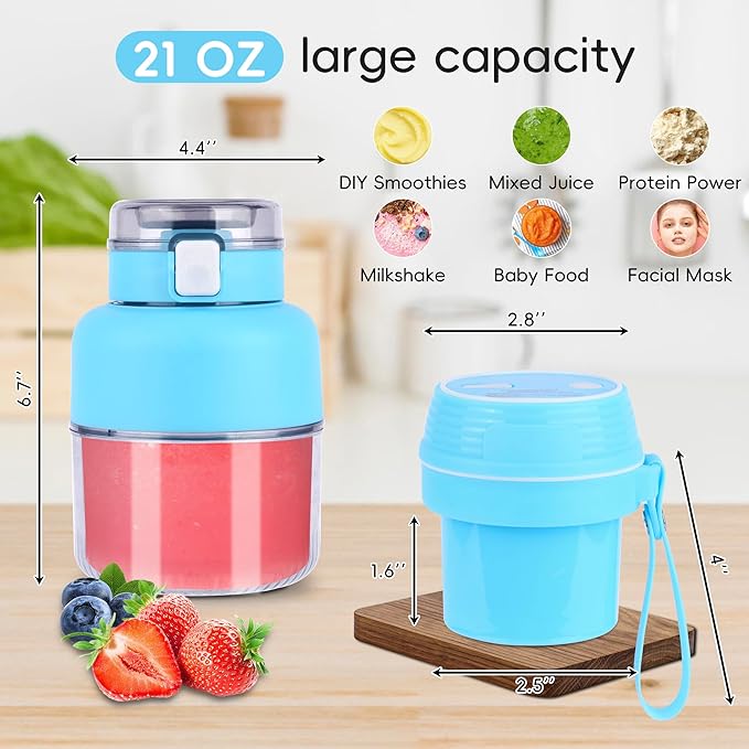 Personal Portable Blender, Blender for Shakes and Smoothies with 20oz Cup, Lid and Shoulder Strap, Type-C USB Rechargeable, Dishwasher Safe Parts, Light Blue Juice for Gym Travel