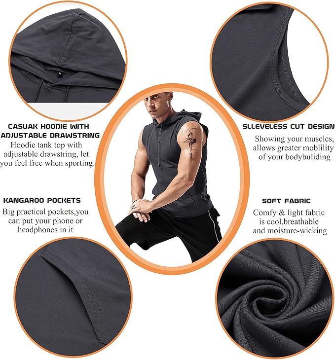 Babioboa Men's Workout Hooded Tank Tops Sleeveless Gym Hoodies Bodybuilding Muscle Cut Off T-Shirts
