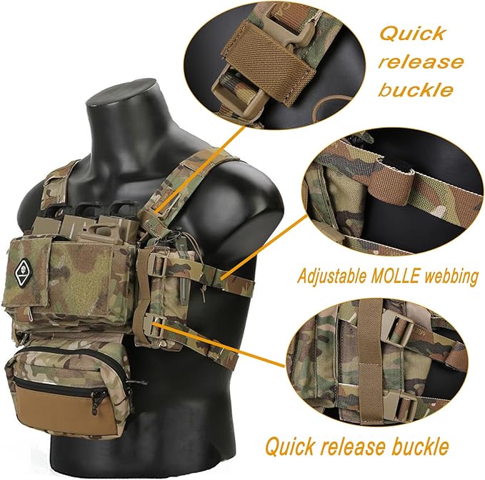 Airsoft Molle Chest Rig with YKK Zipper Mag Pouches Modular Micro Tactical 500D Nylon Vest for Hunting Training Cosplay